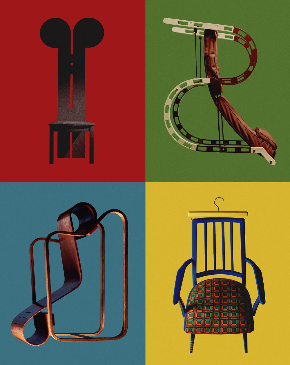 Four sculptural chairs on bold colour blocks